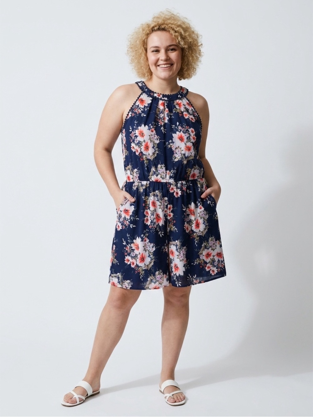 Maurices Navy Floral Halter Romper